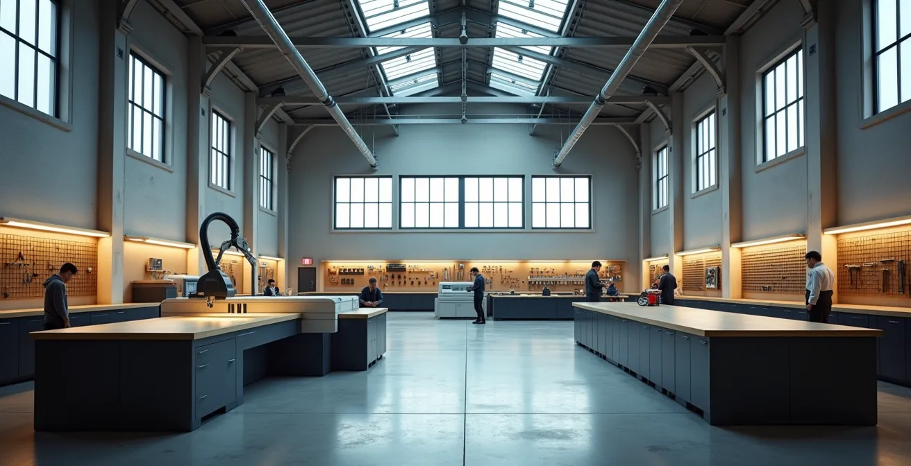 Vue d'ensemble d'un atelier de production moderne combinant technologies laser et impression