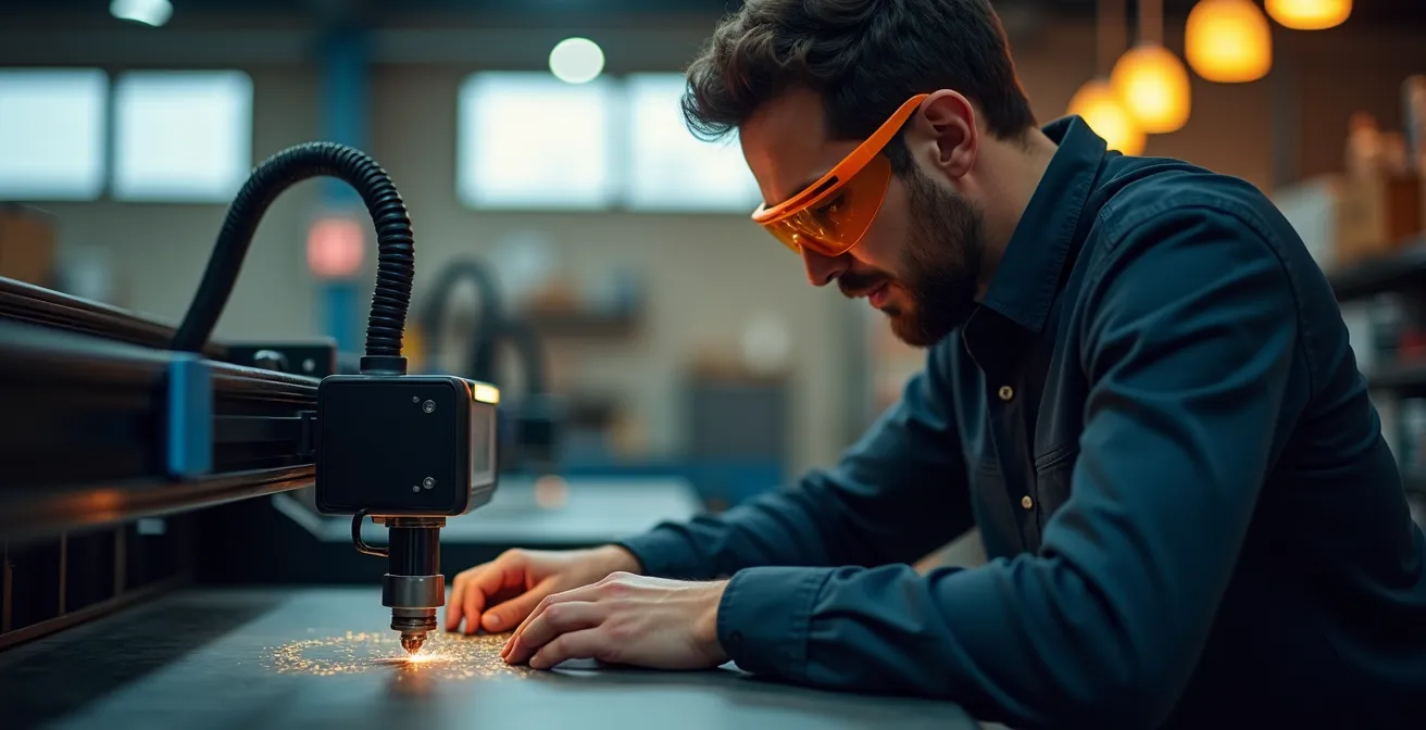 Opérateur travaillant sur une machine de gravure laser autonome dans un atelier industriel