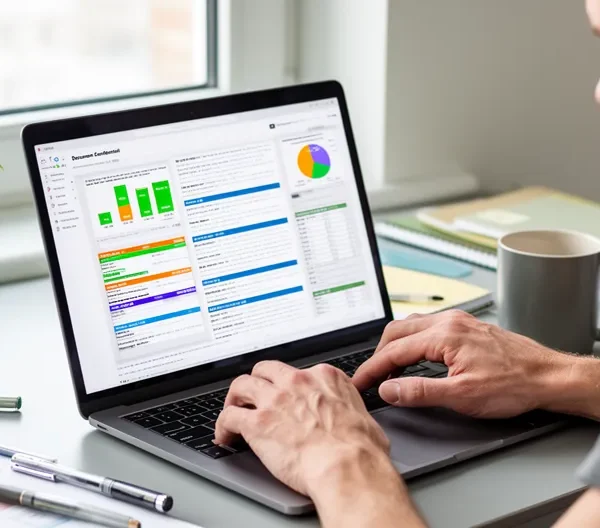 Personne consultant un document coloré sur écran d'ordinateur dans un bureau moderne