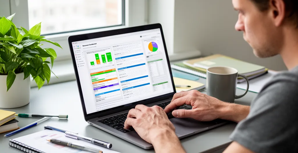 Personne consultant un document coloré sur écran d'ordinateur dans un bureau moderne