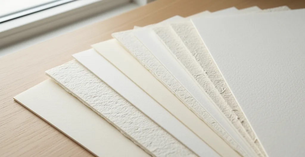 Échantillons de papiers de différentes épaisseurs et textures disposés en éventail sur bureau