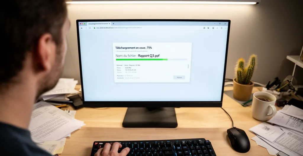 Vue par-dessus l'épaule d'une personne face à une interface de téléchargement de fichier